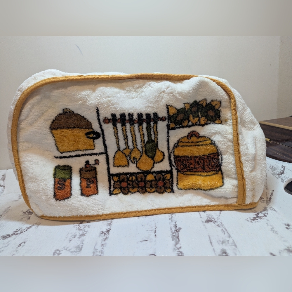 Vintage White Yellow Kitchen Retro Toaster Cover Terry Cloth